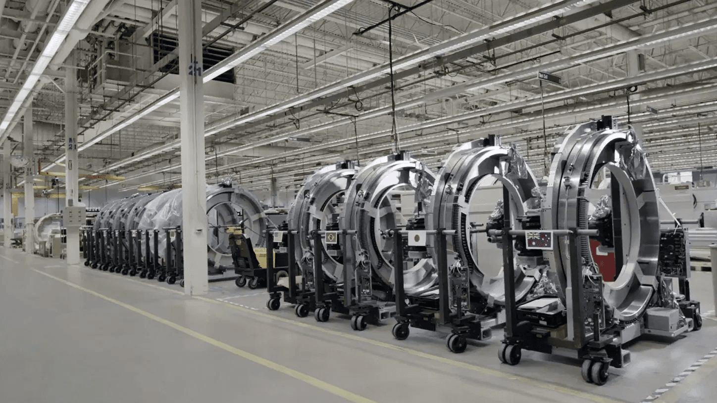 MRI scanner assemblies arranged along a Siemens production line